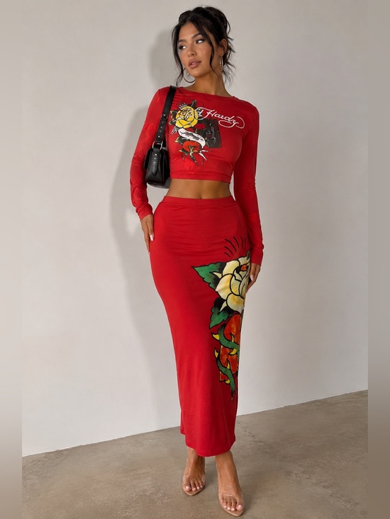 Ed Hardy Other - Ed Hardy Red 2 Piece Swim Cover Up Crop Top Maxi Skirt Set Y2K M NWT